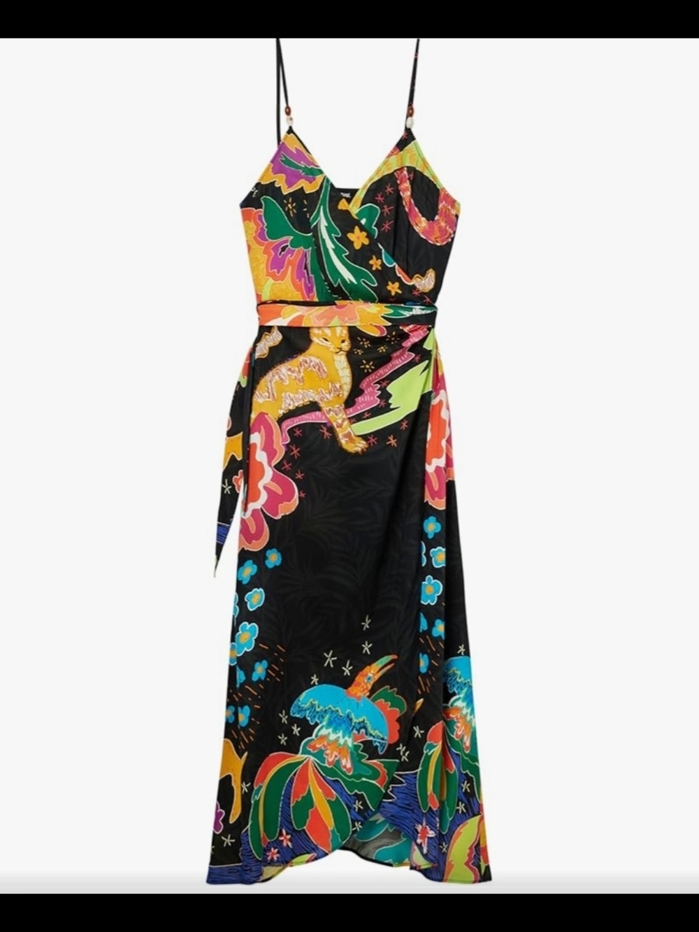 Black Multicolor Floral-Print Wrap Midi Dress with Spaghetti Straps